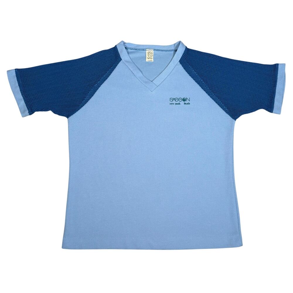 Vintage Sasson New York Paris 80s Shirt Blue V Neck Mesh Sleeve Tee Medium